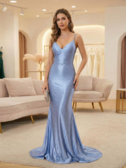 Blue Mermaid Spaghetti Straps V-Neck Rhinestone Prom Dress