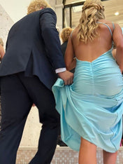 Blue Mermaid Straps Open Back Long Prom Dress