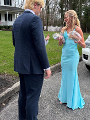 Blue Mermaid Straps Open Back Long Prom Dress