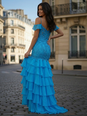Blue Off-Shoulder Tiered Ruffle Appliqué Mermaid Prom Dress
