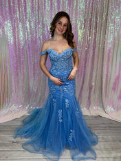 Blue Off-the-Shoulder Floral Lace Mermaid Long Prom Dress