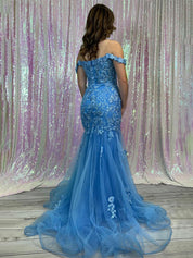 Blue Off-the-Shoulder Floral Lace Mermaid Long Prom Dress