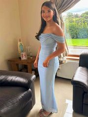 Blue Off The Shoulder Pleats Mermaid Long Formal Prom Dress