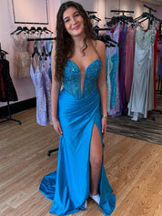 Blue Plunge Neck Sequin Appliques Mermaid Long Prom Dress