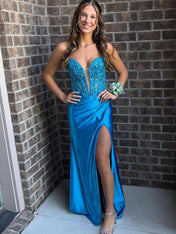 Blue Plunge Neck Sequin Appliques Mermaid Long Prom Dress