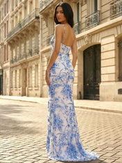 Blue Porcelain Floral Embroidered Corset Prom Dress with Slit