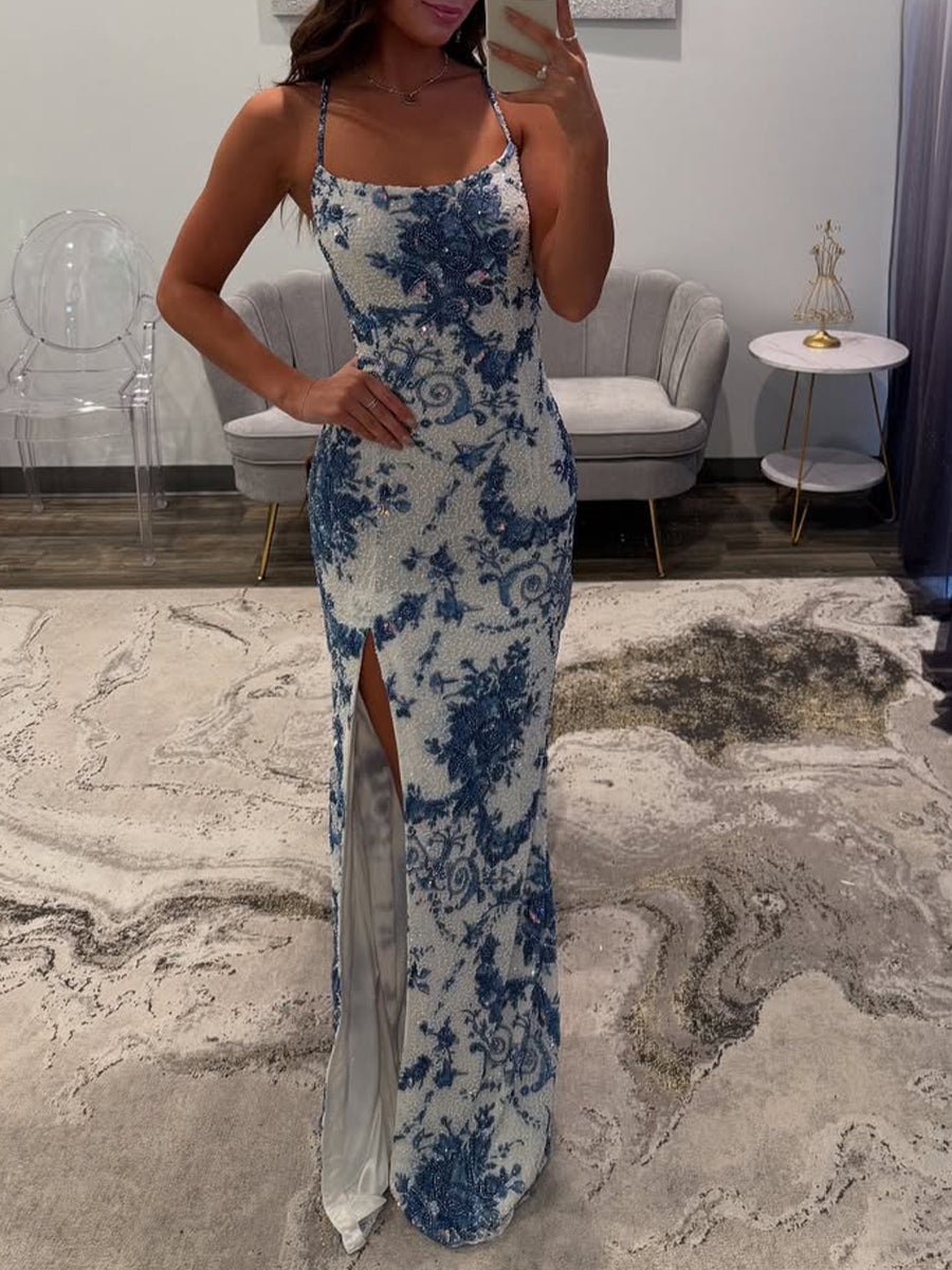 Blue Porcelain Print Spaghetti Straps Beaded Long Prom Dress with Slit