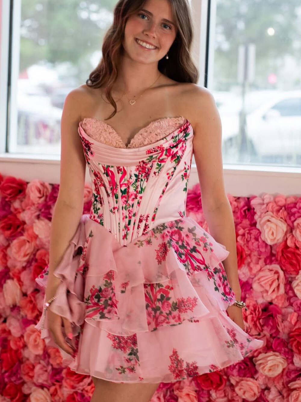 Blue Print A-Line Sweetheart Strapless Appliquues Tiered Homecoming Dress