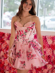 Print A-Line Sweetheart Strapless Appliquues Tiered Homecoming Dress