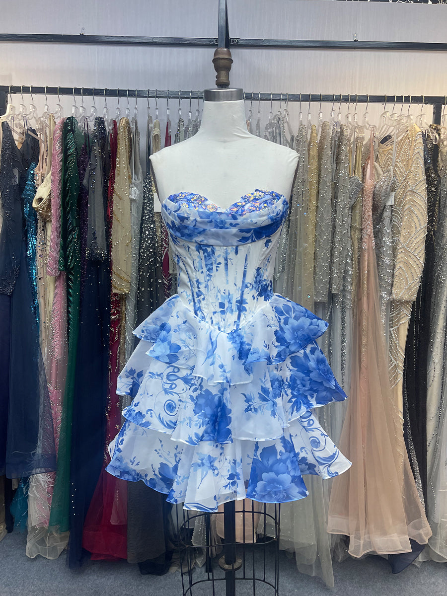 A-Line Sweetheart Strapless Appliquues Tiered Pink Homecoming Dress