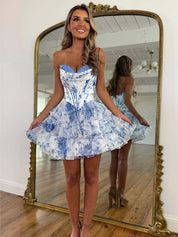 Blue Print A-Line Sweetheart Strapless Appliquues Tiered Homecoming Dress