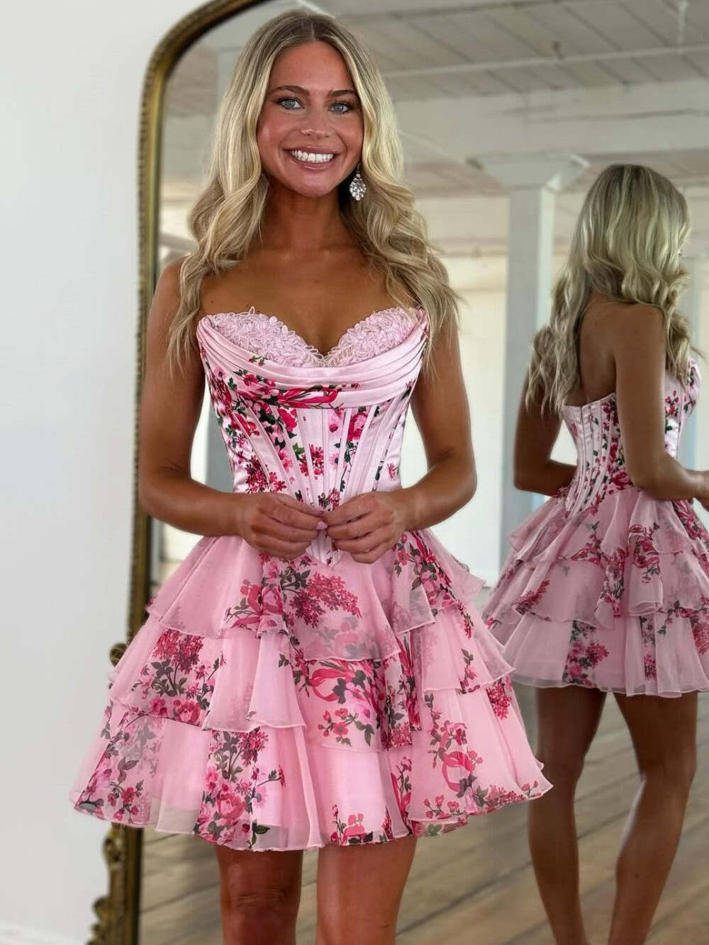 Blue Print A-Line Sweetheart Strapless Appliquues Tiered Homecoming Dress