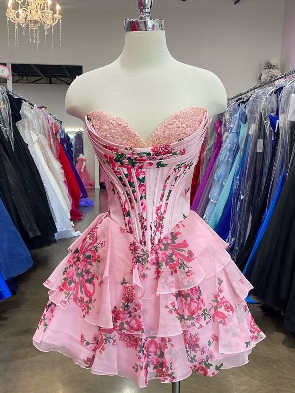 Blue Print A-Line Sweetheart Strapless Appliquues Tiered Homecoming Dress