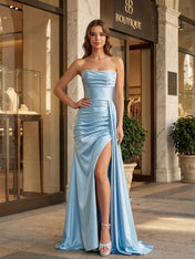 Blue Satin Strapless Draped Long Prom Dress with Slit