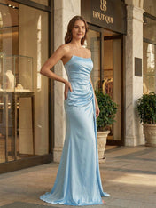 Blue Satin Strapless Draped Long Prom Dress with Slit