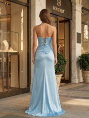 Blue Satin Strapless Draped Long Prom Dress with Slit