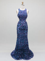 Blue Sequin Cutout Mermaid Long Prom Dress