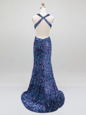 Blue Sequin Cutout Mermaid Long Prom Dress