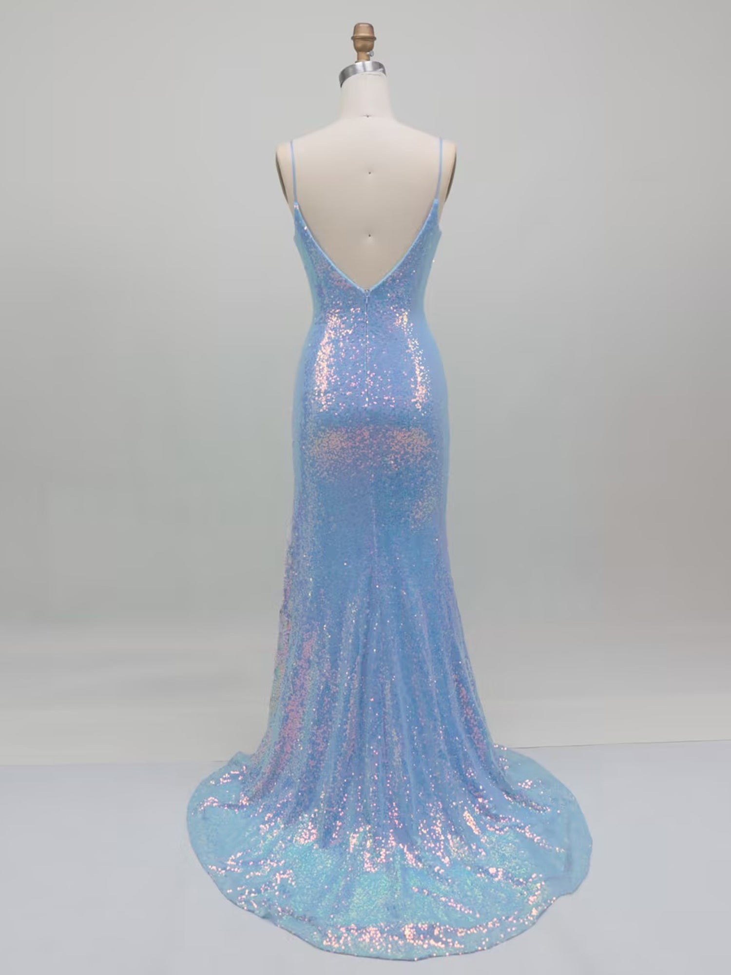 Blue Sequin Floral Applique Long Prom Dress with Slit