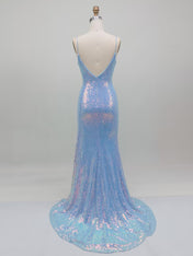 Blue Sequin Floral Applique Long Prom Dress with Slit