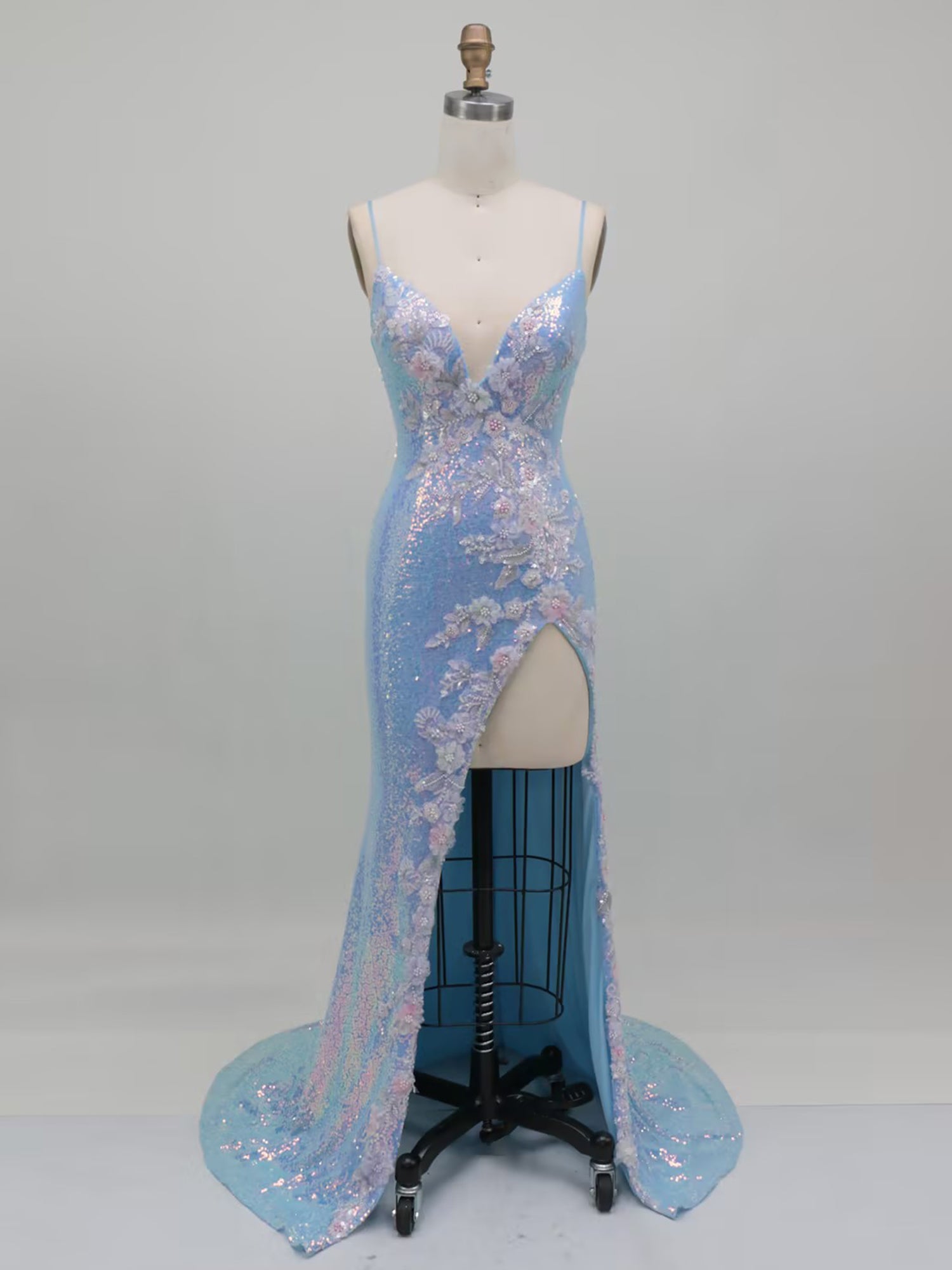 Blue Sequin Floral Applique Long Prom Dress with Slit