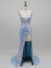 Blue Sequin Floral Applique Long Prom Dress with Slit