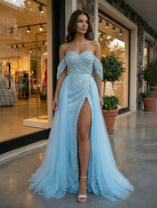 Blue Sequin Off-the-Shoulder Prom Dresses with Overskirt