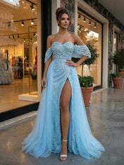 Blue Sequin Off-the-Shoulder Prom Dresses with Overskirt
