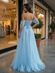 Blue Sequin Off-the-Shoulder Prom Dresses with Overskirt