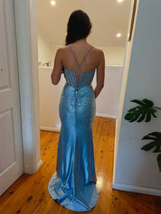 Blue Spaghetti Strap Scattered Rhinestones Corset Prom Dress with Twisted Waist