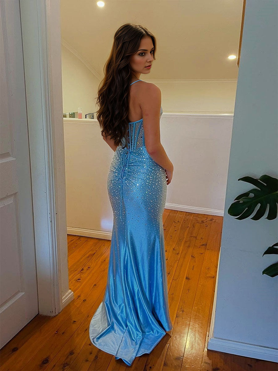 Blue Spaghetti Strap Scattered Rhinestones Corset Prom Dress with Twisted Waist
