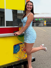 BlueSpaghetti Straps V-Neck Appliques Tight Homec