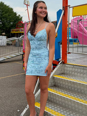 BlueSpaghetti Straps V-Neck Appliques Tight Homec