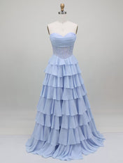 Blue Strapless A Line Corset Tiered Ruffle Long Prom Dress