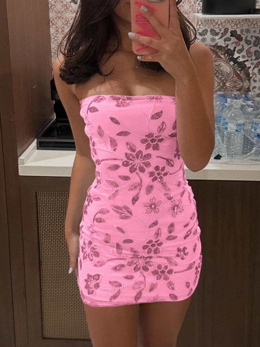 Blue Strapless Bodycon Beaded Floral Short Homecoming Dress