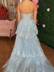 Blue Strapless Corset Bodice Sequin Prom Dress with Slit