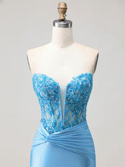 Blue Strapless Plunging V-Neck Beaded Corset Prom Dress with Slit