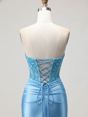 Blue Strapless Plunging V-Neck Beaded Corset Prom Dress with Slit