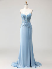 Blue Strapless Plunging V-Neck Beaded Corset Prom Dress with Slit