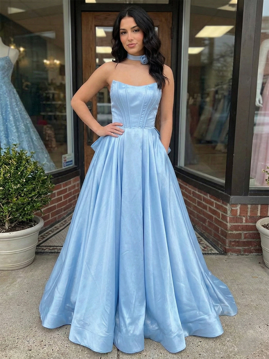 Blue Strapless Satin Corset Prom Dress with Rose Choker