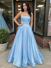 Blue Strapless Satin Corset Prom Dress with Rose Choker