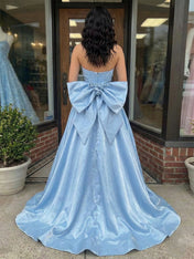 Blue Strapless Satin Corset Prom Dress with Rose Choker