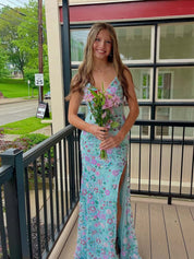 Blue Straps Floral Embroidery Mermaid Long Prom Dress