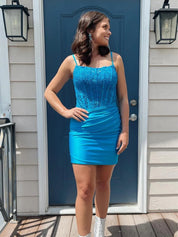 Straps Lace Appliques Tight Homecoming Mini Dress
