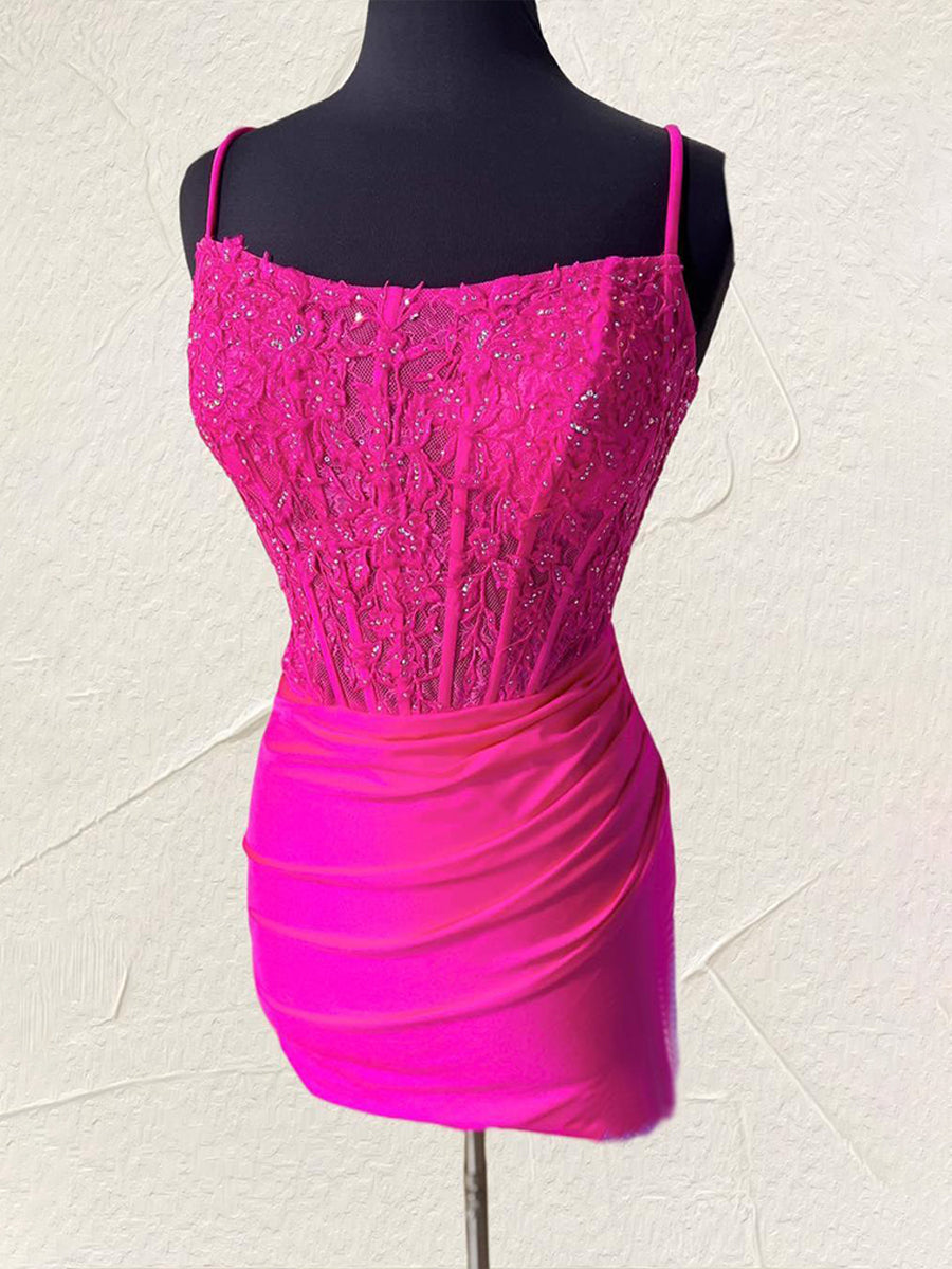Straps Lace Appliques Tight Homecoming Mini Dress