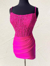 Straps Lace Appliques Tight Homecoming Mini Dress