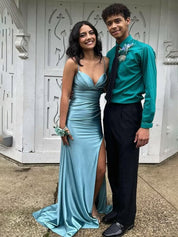 Blue Straps Ruched Mermaid Long Porm Dress with Slit