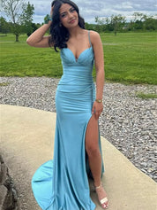 Blue Straps Ruched Mermaid Long Porm Dress with Slit