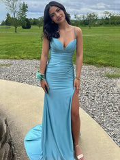 Blue Straps Ruched Mermaid Long Porm Dress with Slit