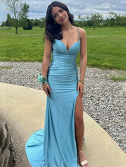 Blue Straps Ruched Mermaid Long Porm Dress with Slit